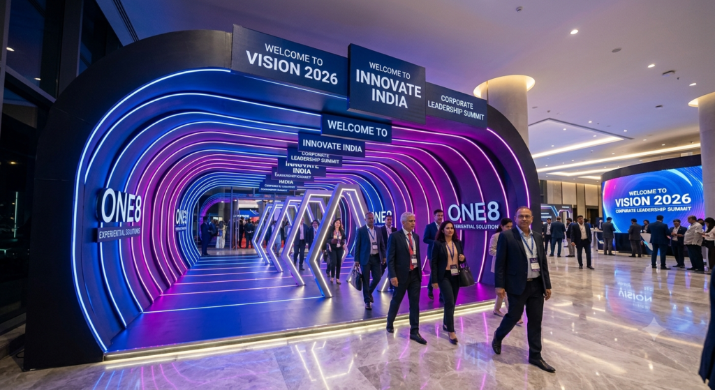 Experiential corporate event styling and entrance walkthrough by one8 event.