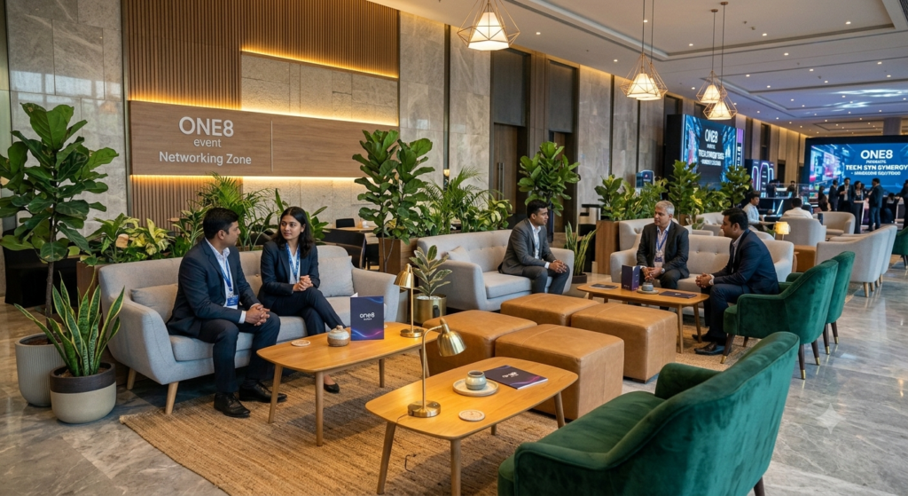 Premium corporate networking lounge design with flexible seating arrangements.
